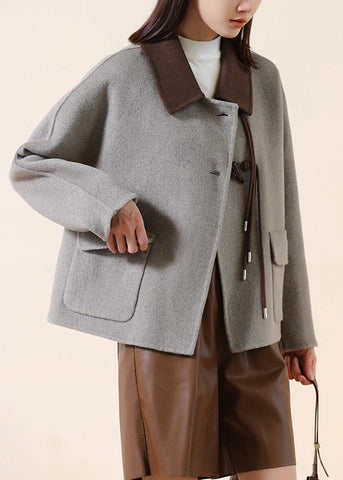 Abrigos de lana con botones chinos y patchwork con borlas grises de moda para invierno 