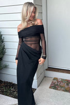 Mesh Cutout Off-Shoulder Bodycon Maxi Dress