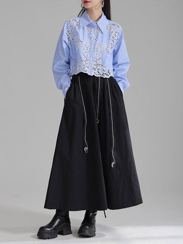 Lange Ärmel Lose Geknöpft Hohl Einfarbig Revers Blusen &amp; Hemden Tops 