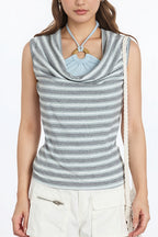 Striped Asymmetric Halter Slim Tank Top