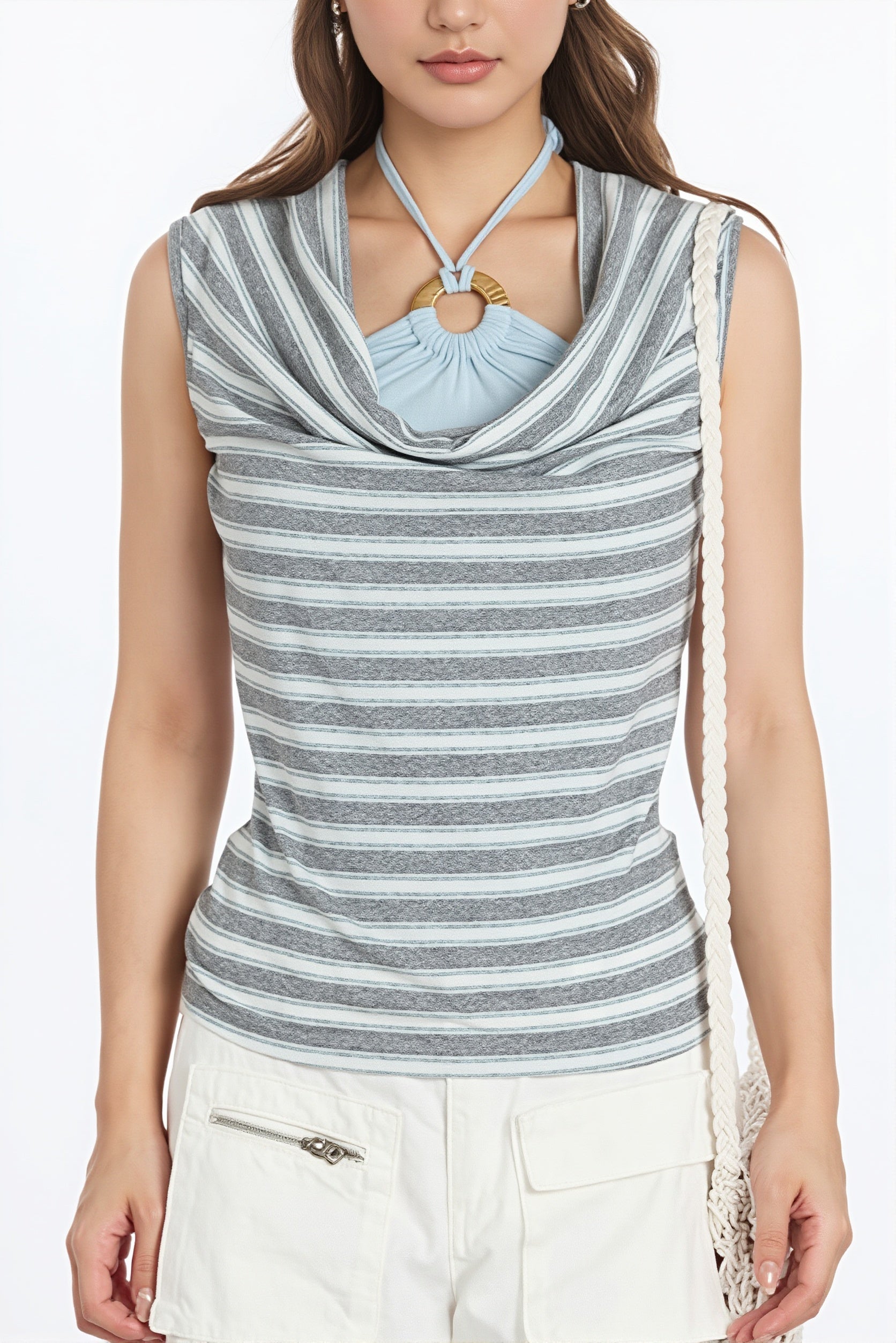 Striped Asymmetric Halter Slim Tank Top