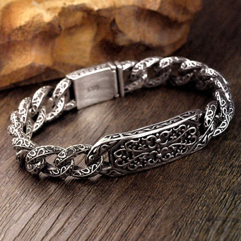 Sterling Silver Ivy Pattern Curb Chain Bracelet