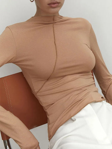 Camiseta de manga larga ajustada para mujer, estilo chic, de primavera y otoño, con cuello alto, básica, estilo urbano 