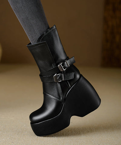 Schicke Splicing Wedge Boots Schwarzes Rindsleder 