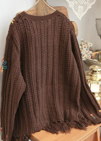 Floral Beige Tasseled Hollow Out Knit Sweaters Spring