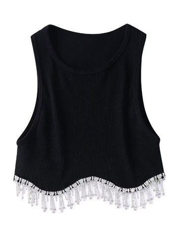 Camiseta de punto con dobladillo sexy y borlas de diamantes y cuentas de High Street, camisola corta elegante, top corto ajustado para mujer 