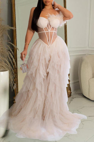 Elegantes, einfarbiges, ärmelloses Maxikleid aus Netzstoff in Wickeloptik 