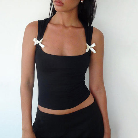 Y2K Damen Tanktops mit Fliege und breiten Schultergurten, Bandage-Camisole, sexy, tief ausgeschnittene Crop-Tops, weibliche Weste, Clubwear 