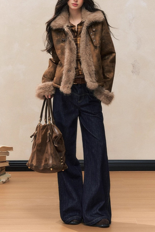 Brown Faux Fur Trim Wool Blend Coat