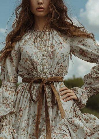 Frauen Floral Pastoral Stil Rüschen Mini Kleider Langarm 