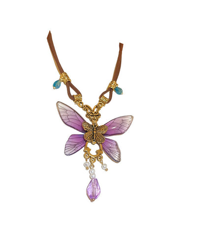 Collar vintage con colgante de mariposa de cristal de aleación de plata de ley morada 
