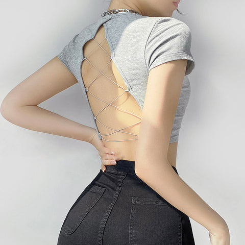 Women's O-neck Backless T-shirt Short Sleeve Solid Color Crop Top Summer Cute Baby Tee Y2K Clothes Skinny Tunics Fashion Tops