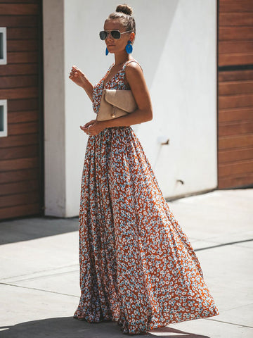 Vestido maxi floral sin mangas con cuello en V y abertura para verano 