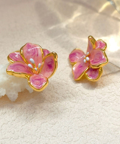 Cute Pink Copper Floral Drip Glaze Stud Earrings