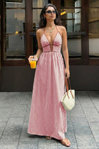 Slim Striped Halter Backless Beach Cami Maxi Dress