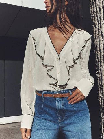 Ruffle Jacquard Print Blouse