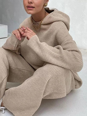 Conjunto de dos piezas de suéter holgado de color sólido con cuello redondo, capucha y mangas largas + pantalón con cordón ajustable 