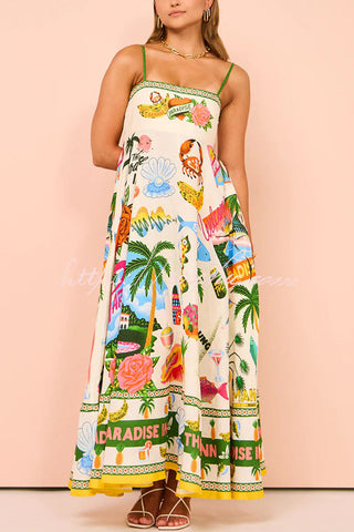 Holiday Paradise Maxikleid aus Leinenmischung mit einzigartigem Druck und gesmokten Gesäßtaschen 