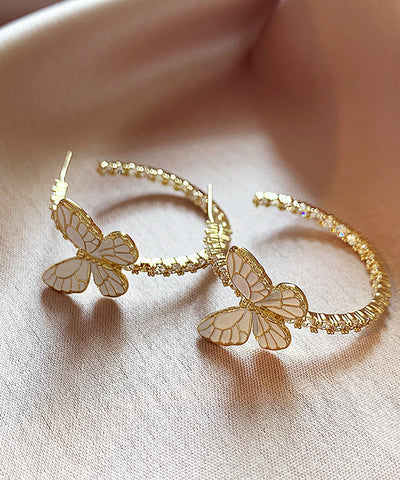 Art Gold Copper Alloy Zircon Butterfly Hoop Earrings