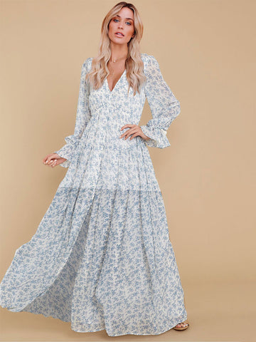 Maxi Dress V-Neck Long Sleeves Casual Floral Print Long Dress