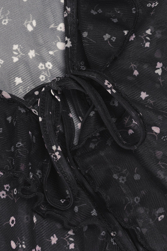 French Vintage Floral Bow Tie Tulle Cardigan Blouse
