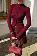 Single-Breasted Rib-Knit Slim Long Sleeve Blouse