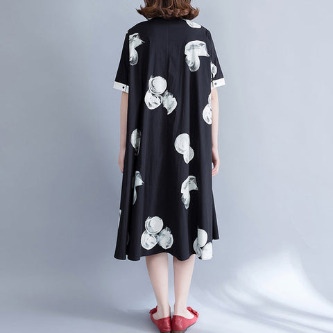 Vestido de gasa pura con estampados negros de boutique, ropa de gasa extragrande, vestidos, vestido camisero de gasa con cuello de solapa y dobladillo grande fino 