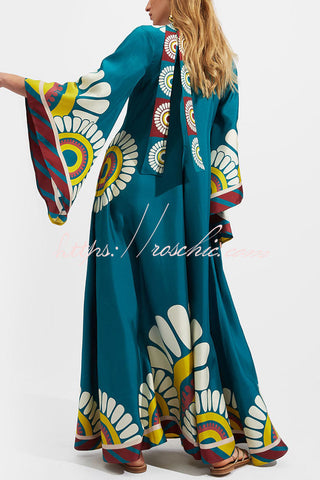 Shine The Light Unique Printed High Neck Bell Sleeve Loose Maxi Dress