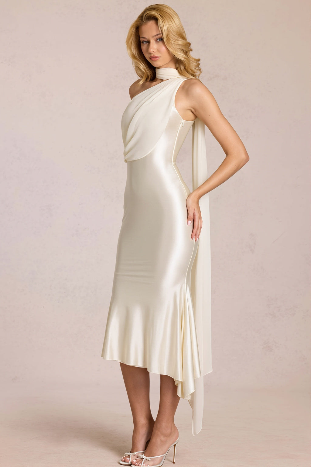 One Shoulder Mesh Satin Maxi Dress