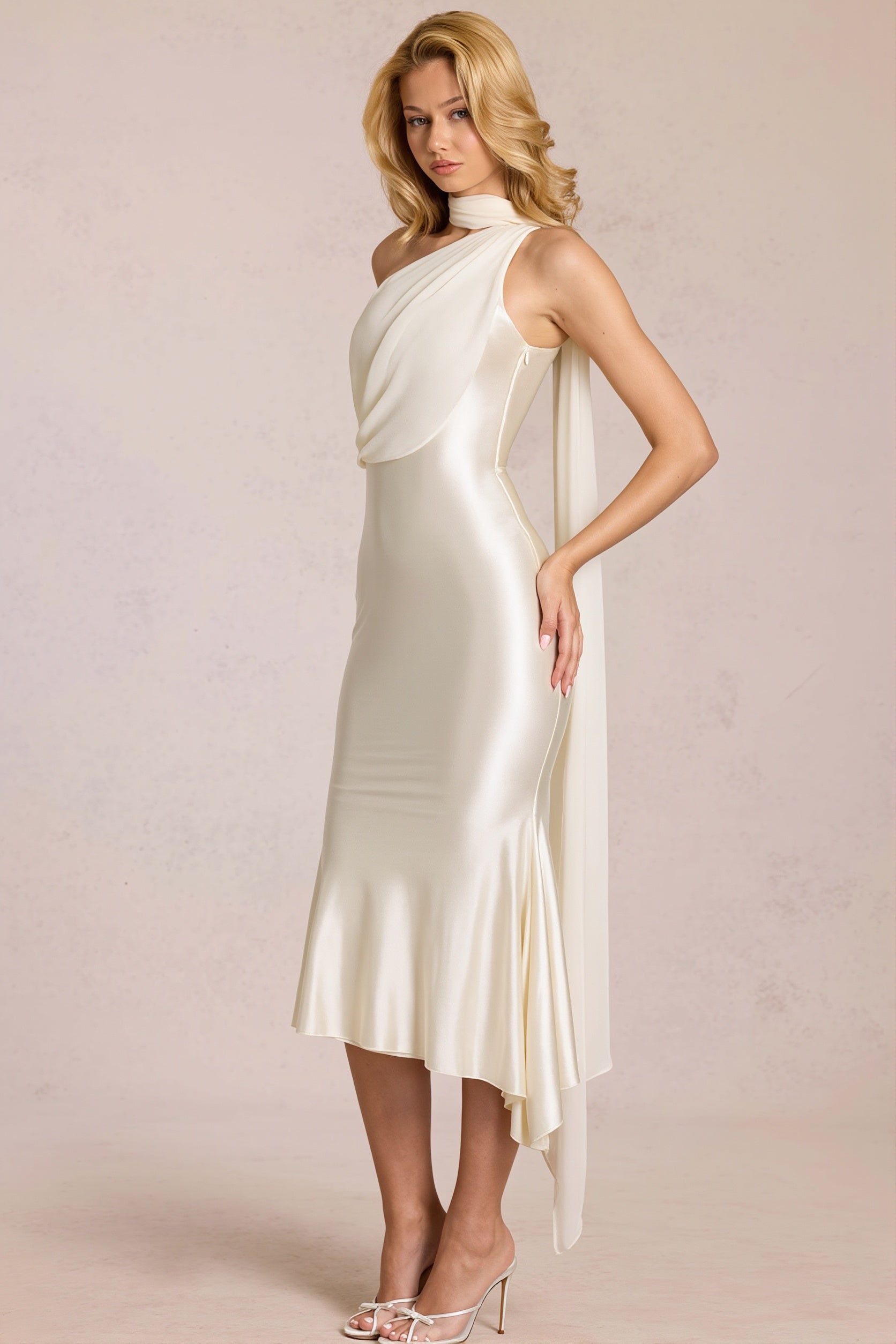 One Shoulder Mesh Satin Maxi Dress