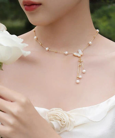 Collar moderno con colgante de borla de mariposa y perla de aleación de plata esterlina blanca 