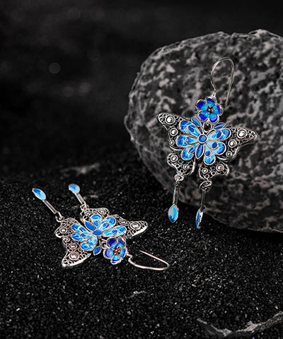 Vintage Boutique Blue Sterling Silver Butterfly Plum Blossom Tassel Drop Earrings