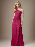 Rubinrotes Etuikleid mit One-Shoulder-Schulter und Metallic-Mesh-Optik, Brautmutterkleid
