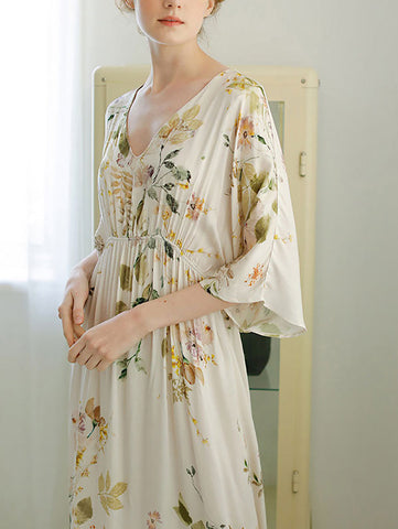 Damen Sommer Blumen Artsy V-Ausschnitt Drapiertes lockeres Nachtkleid 