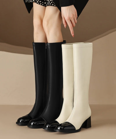 Schicke beige Stiefel aus Rindsleder mit Spleiß und klobigem Absatz 