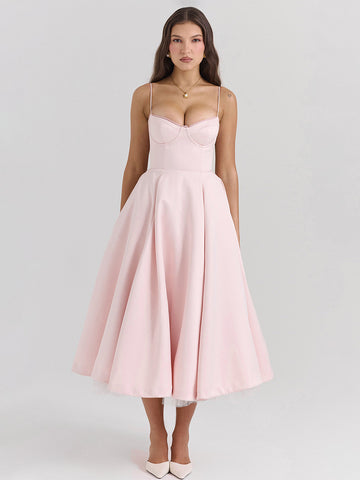 Pink Corset Dress Spaghetti Straps Backless Brunch Birthday Party Midi Dresses