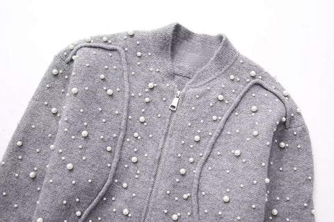 Herbst Damen Kleidung Rundhals Langarm Einreihiger Kunstperlenpullover 