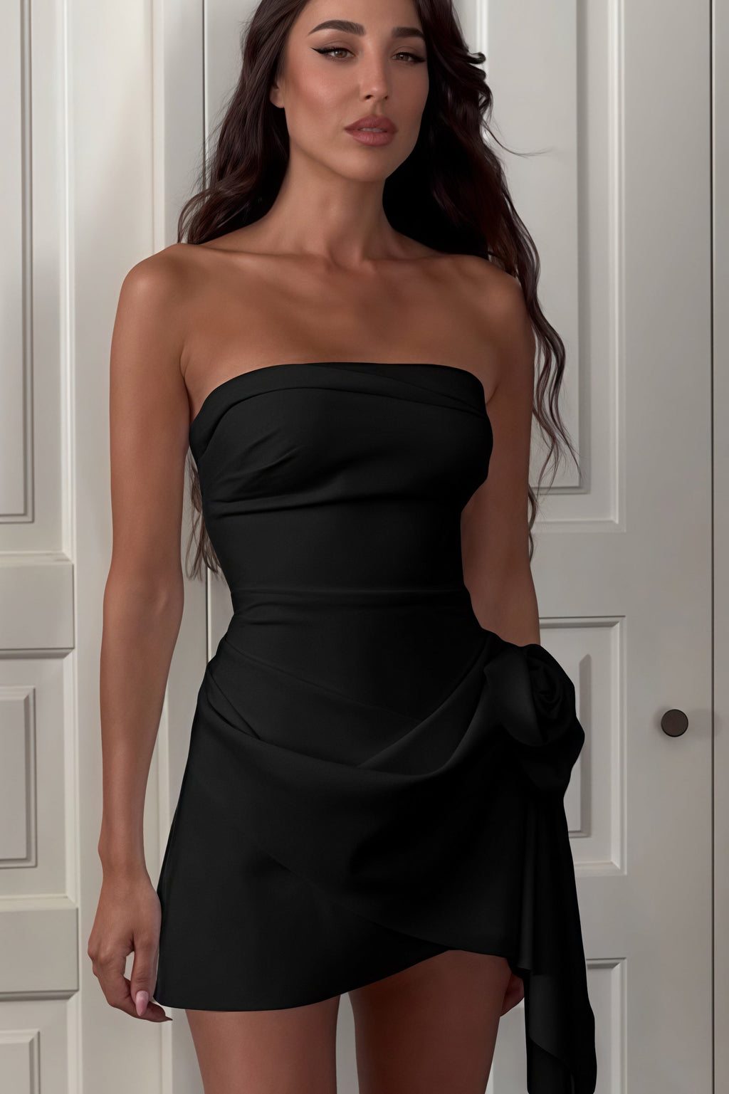Designer 3D Rose Irregular Draped Strapless Slimming Mini Dress
