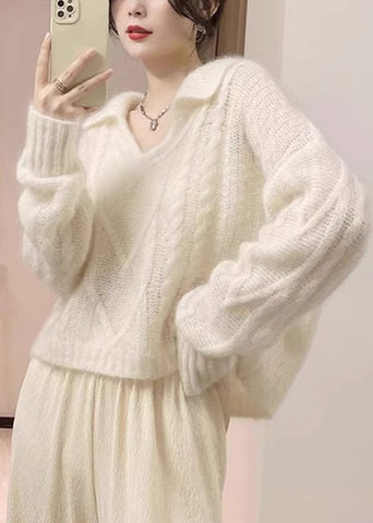 Suéteres de punto Ma Hai Mao con cuello Peter Pan blanco francés de primavera 