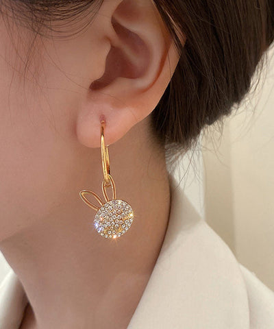 Mode Gold Sterling Silber Overgild Zirkon Asymmetrie Kleine Kaninchen Quaste Tropfen Ohrringe 
