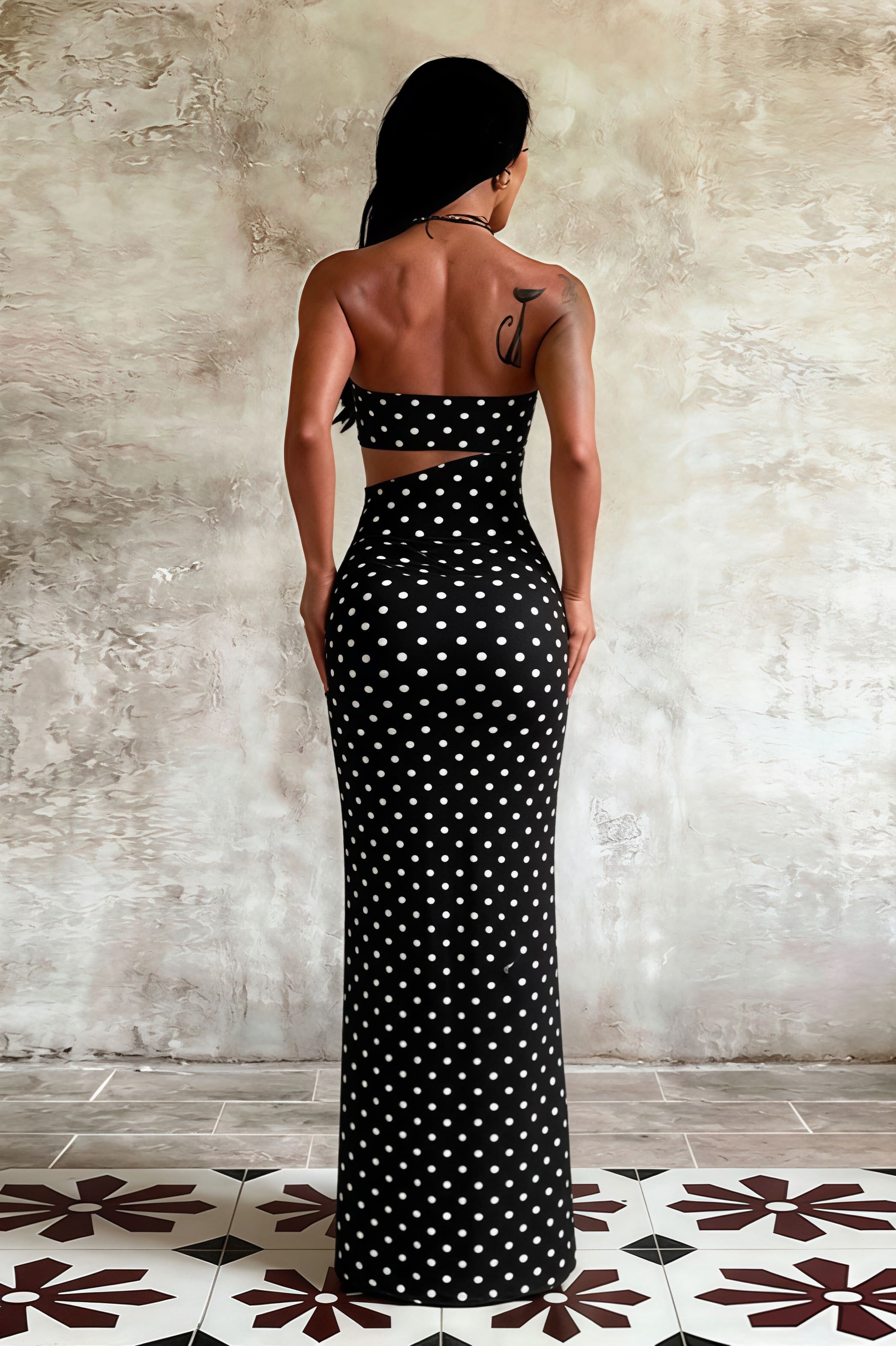 Printed Strapless Cut Out Bodycon Maxi Dress