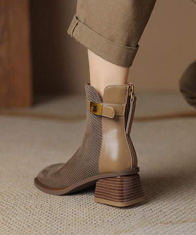 Modische klobige Stiefel mit Reißverschluss und Rindsleder in Khaki 