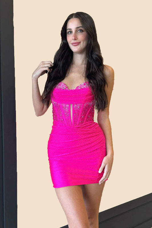 Glitter Fuchsia Sweetheart Ruched Corset Short Homecoming Dress with Beading