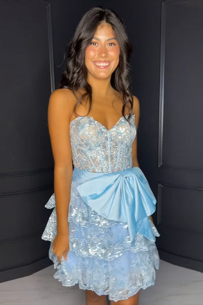 Sparkly Red Sweetheart A-Line Tuelle Sequins Tiered Short Homecoming Dress with Bow