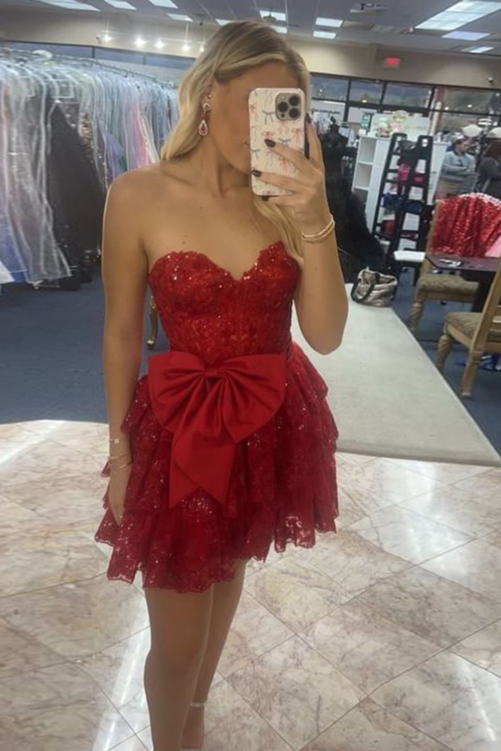 Red A-Line Sweetheart Tulle Sequins Tiered Short Corset Homecoming Dress with Bow