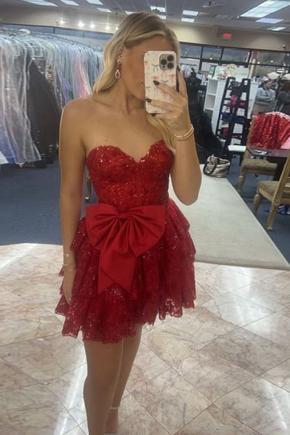 Red StraplessTulle Tiered Sequins Short Corset Homecoming Dress