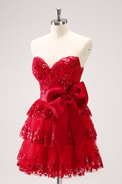 Red Sweetheart A-Line Tuelle Sequins Tiered Short Homecoming Dress with Bow