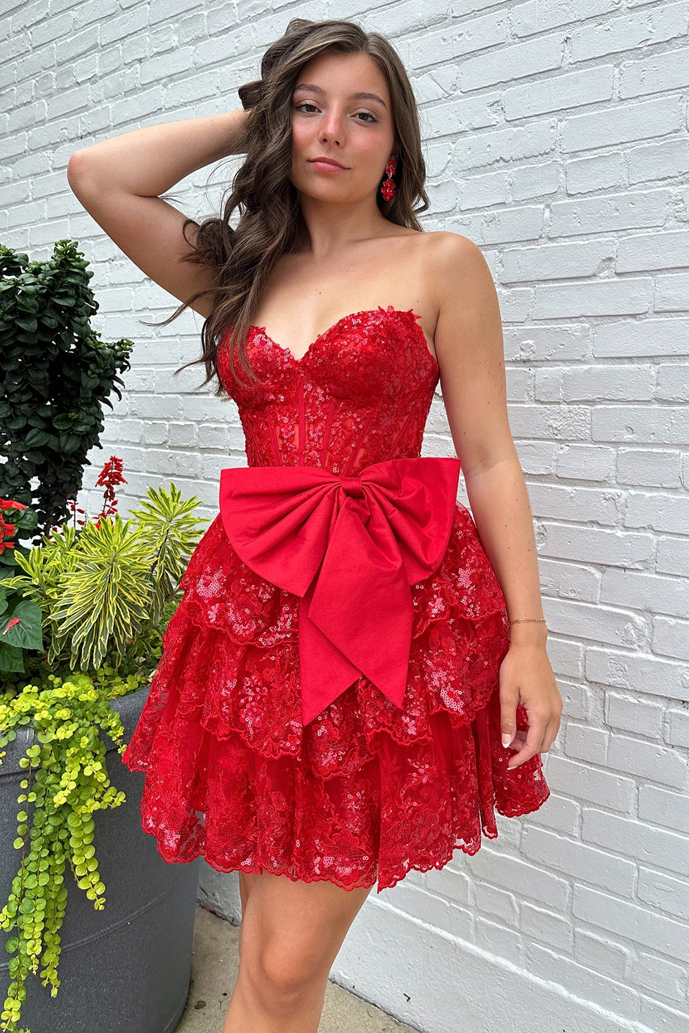 Red A-Line Sweetheart Tulle Sequins Tiered Short Corset Homecoming Dress with Bow