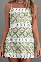 Linen Printed Cutout Lace Cami Mini Dress