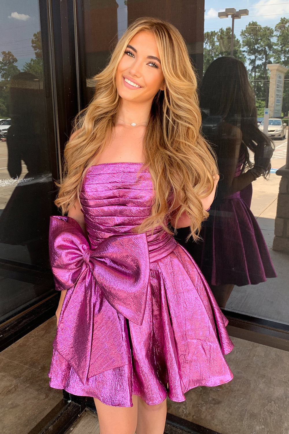 Purple A-Line Ruched Short Homecoming Dress with Bow